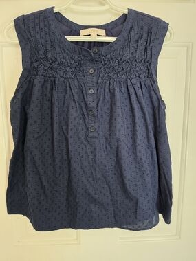 LOFT Womens Navy Sleeveless Eyelet Smocked Yoke Top Size Medium